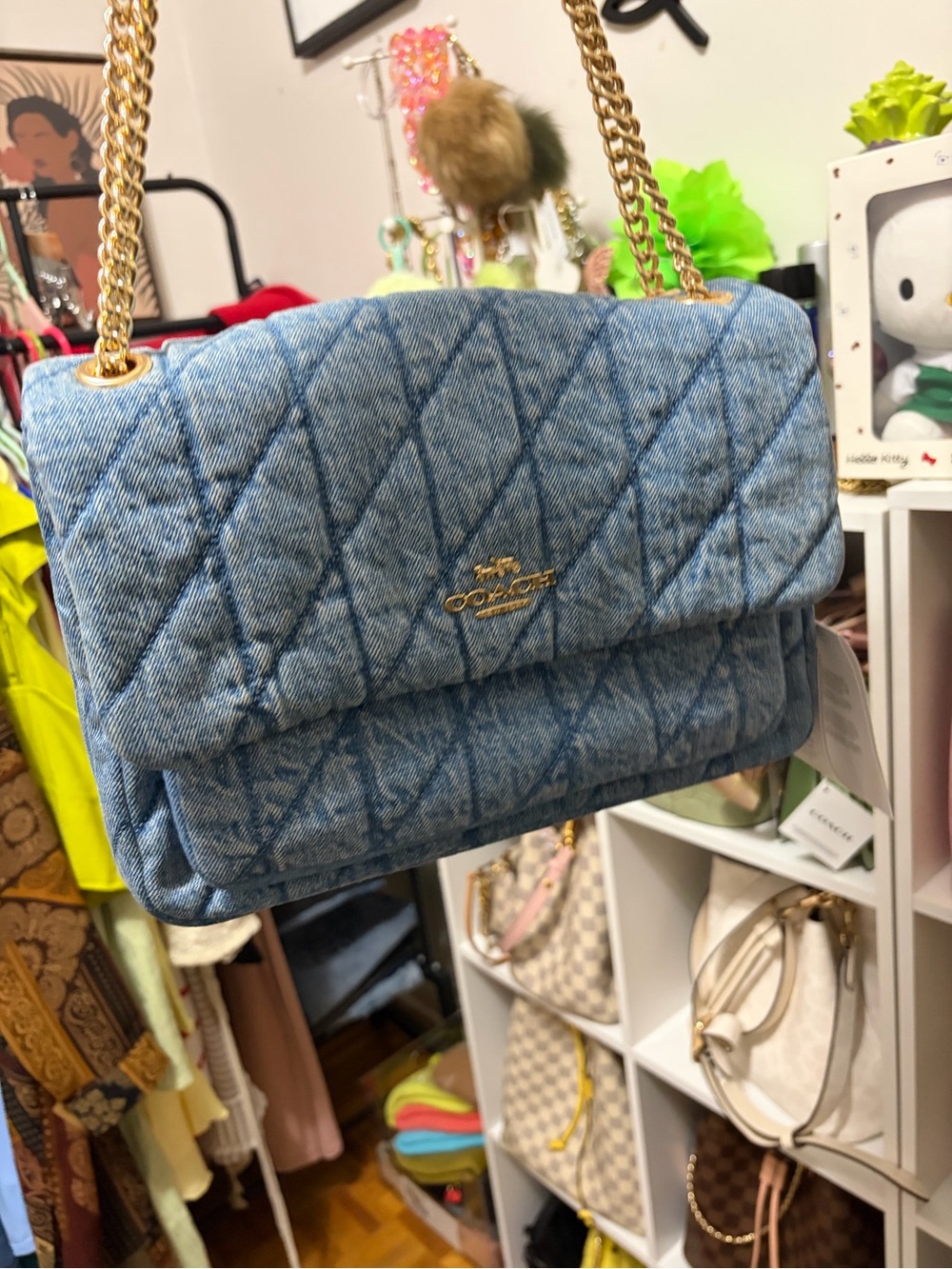 Coach Elodie Quilted Denim Shoulder Bag with Gold Chain Straps - Light Blue - Picture 3 of 3